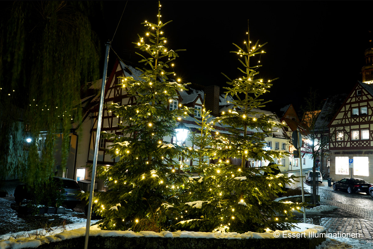 Weihnachtsbeleuchtung von Essert-Illuminationen mit LED-Lichterketten als Baumbeleuchtung in Lauf an der Pegnitz