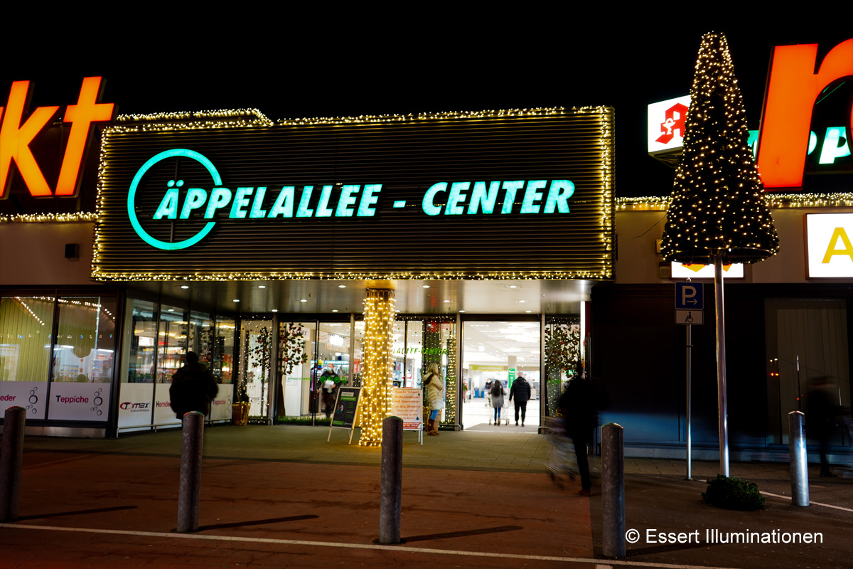 Weihnachtsbeleuchtung von Essert-Illuminationen mit LED-Lichterketten und Kegelbäumen als Gebäudebeleuchtung in Wiesbaden