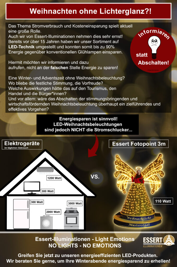 Informationsblatt von Essert-Illuminationen mit dem Titel Weihnachten ohne Lichterglanz zum Thema Energieeinsparung